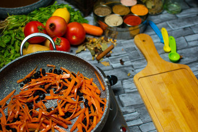 High angle view of food on table