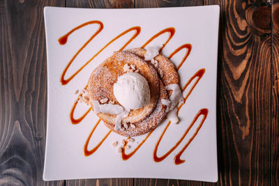 High angle view of dessert in plate on table