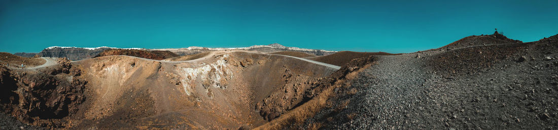 Panoramic view of mountains against blue sky