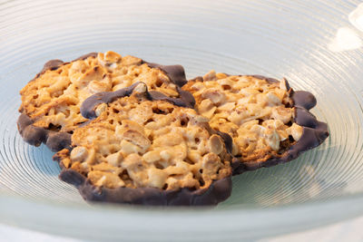 High angle view of cookies in plate on table