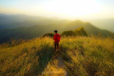 Rear view of man standing on mountain against sky