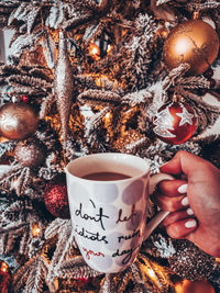 Close-up of hand holding coffee with christmas tree