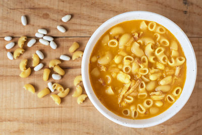 High angle view of soup in bowl on table