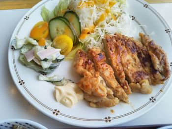 High angle view of breakfast served on table