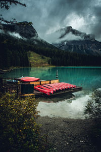 The boats - sunrise at emerald lake in yoho national park, alberta, canada