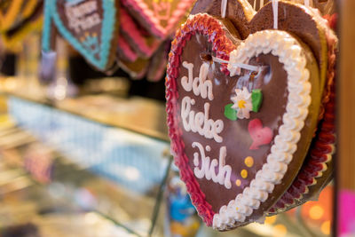 Close-up of heart shape made for sale in market