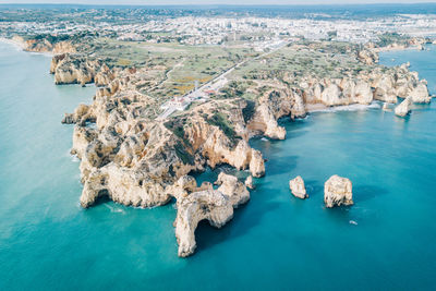 Aerial view of sea and rock formations