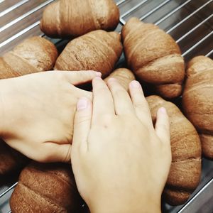 High angle view of man hand