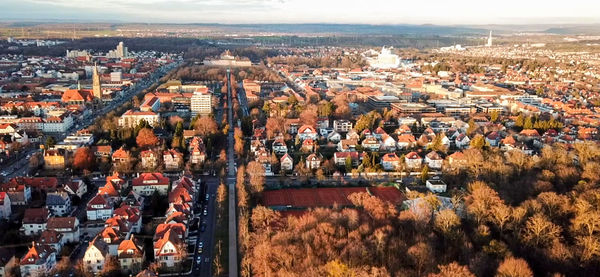 High angle view of townscape against sky in city