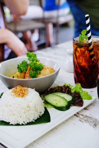 Close-up of food served on table