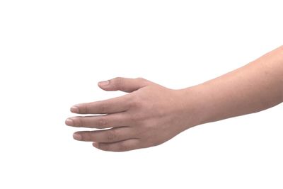 Close-up of hand touching finger against white background