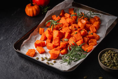 High angle view of food in plate on table