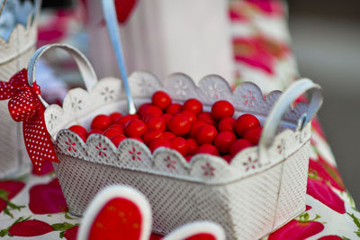 High angle view of sweet food basket on table