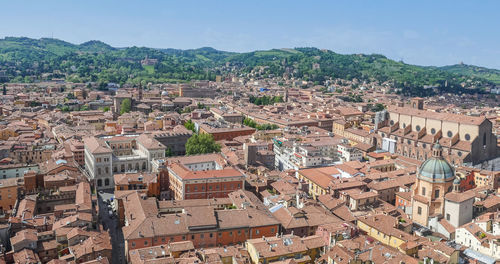 Aerial view of bologna with the beautiful maggiore square and the tower