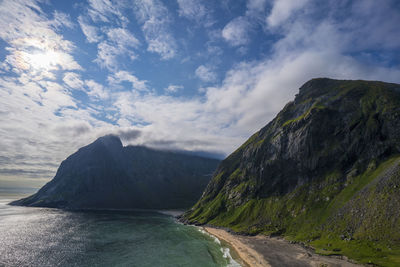 Scenic view of sea and mountains against sky