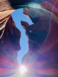 Low angle view of sun streaming through rock formation