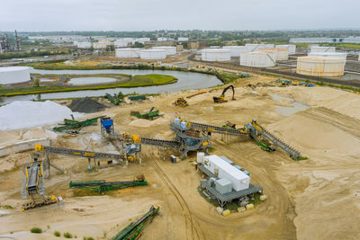 High angle view of construction site against sky