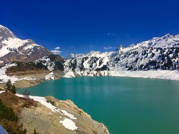 Scenic view of lake against blue sky