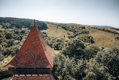 High angle view from church tower to field