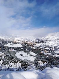 Snow covered landscape against sky