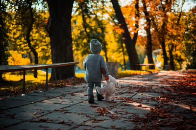 Rear view of child with teddy bear walking on footpath during autumn 