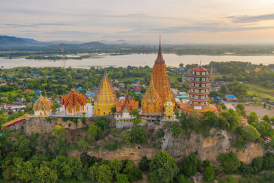 High angle view of temple and buildings in city