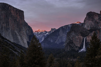 Scenic view of yosemite against sky during sunset