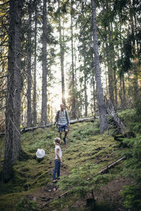 Side view of daughter looking at father in forest