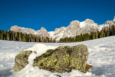 Scenic view of snowcapped mountains against clear blue sky