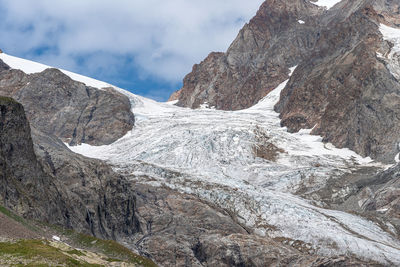 Low angle view of snowcapped mountains against sky