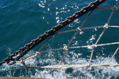 High angle view of rope tied to railing