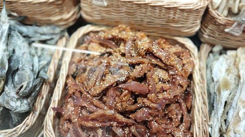 High angle view of bread in basket for sale