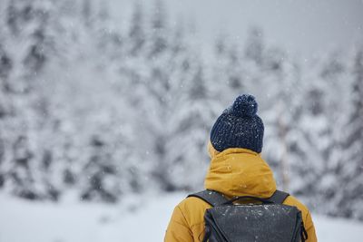 Rear view of man in snow