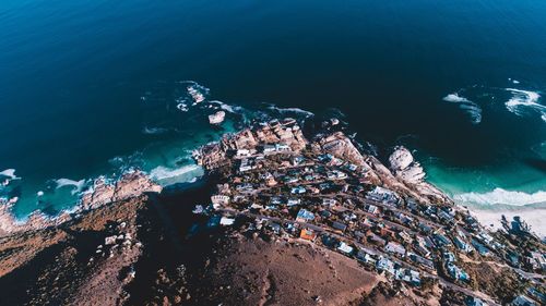 Aerial view of town by sea