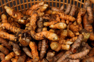 High angle view of carrots in basket