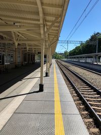 Train at railroad station platform against sky