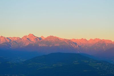 Scenic view of mountains against sky during sunset