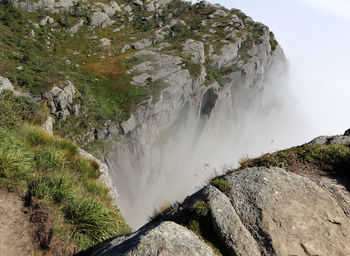 Scenic view of waterfall against sky