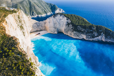 Aerial view of beautiful navagio or shipwreck beach on zakynthos island, greece. 