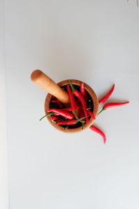 Close-up of red chili pepper against white background