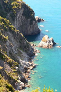 High angle view of rocks on sea shore