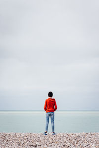 Rear view of boy standing at beach against sky