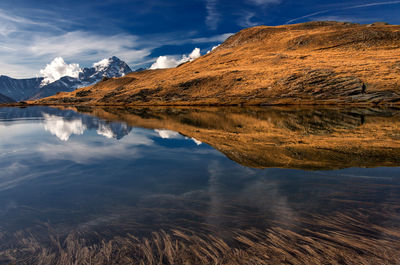 Scenic view of lake by mountains against sky