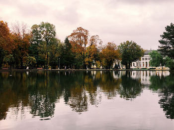 Reflection of trees in lake against sky