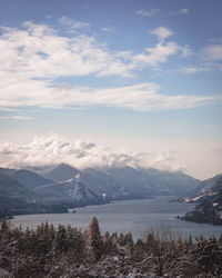 Scenic view of mountains against cloudy sky