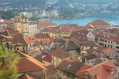 High angle view of buildings in city