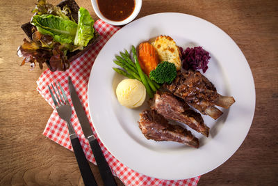 High angle view of meal served on table