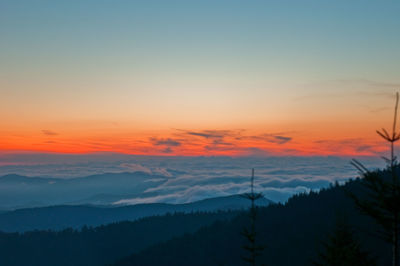 Scenic view of silhouette mountains against sky during sunset