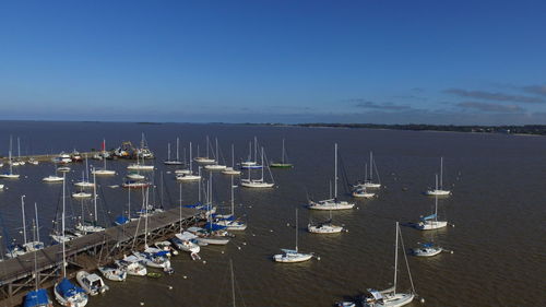 High angle view of boats moored in sea