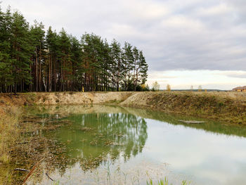 Reflection of trees in lake against sky